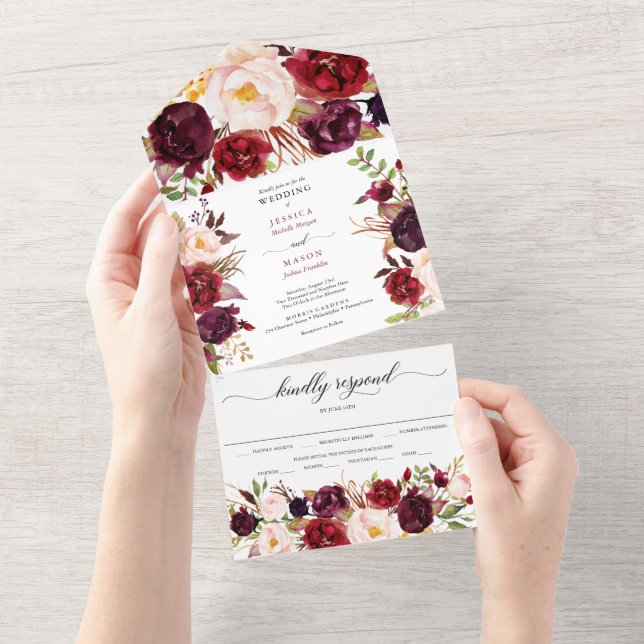 All in One Burgundy Marsala Rustic Wedding Invite (Tearaway)