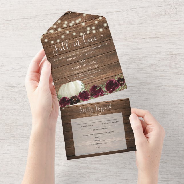 All in One Burgundy Pumpkin Rustic Wedding Invite (Tearaway)