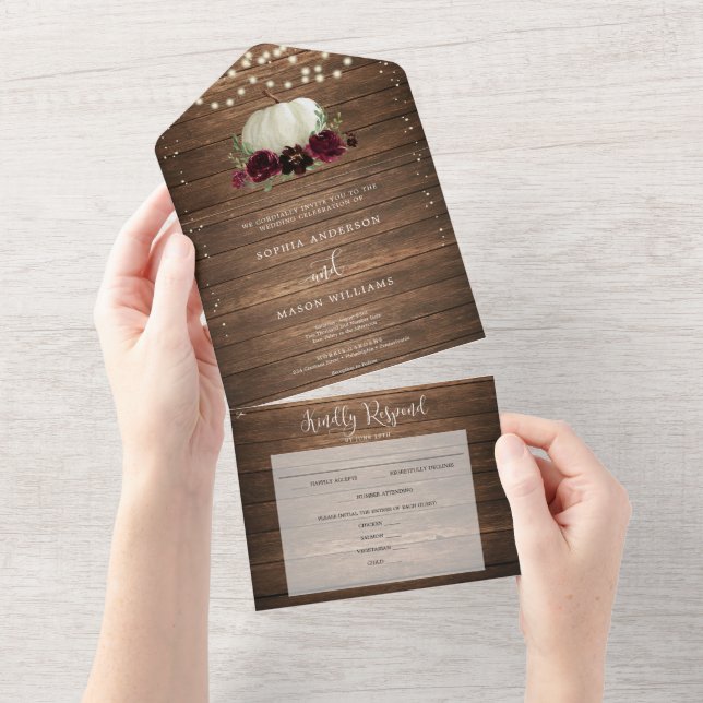 All in One Burgundy Pumpkin Rustic Wedding Invite (Tearaway)