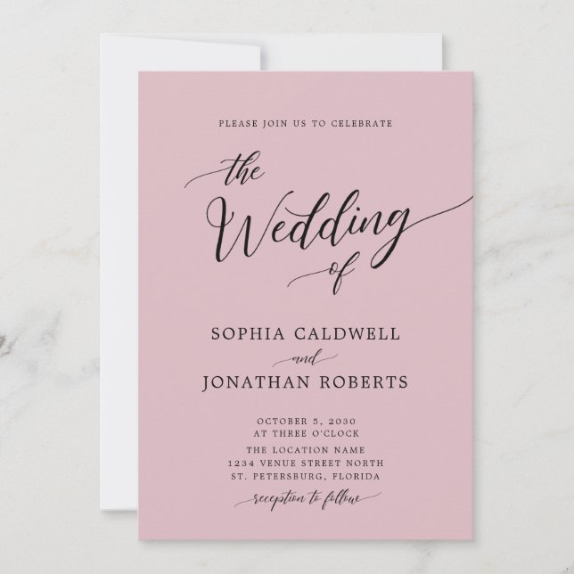 All in One Calligraphy Chic Dusty Rose Wedding Invitation (Front)