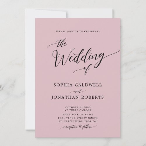 All in One Calligraphy Chic Dusty Rose Wedding Invitation