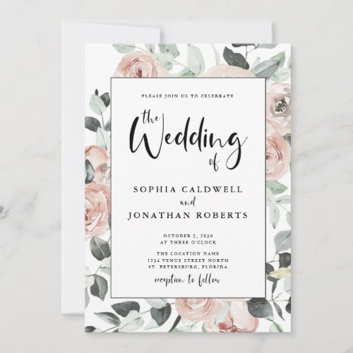 All in One Calligraphy Dusty Pink Roses Wedding Invitation