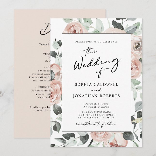 All in One Calligraphy Dusty Rose Floral Wedding Invitation (Front/Back)