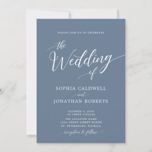 All in One Calligraphy Trendy Dusty Blue Wedding Invitation