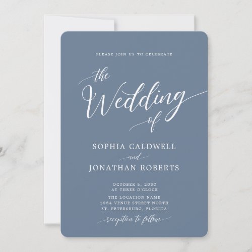 All in One Calligraphy Trendy Dusty Blue Wedding Invitation