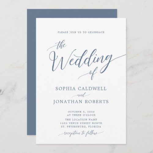 All in One Calligraphy Trendy Dusty Blue Wedding Invitation