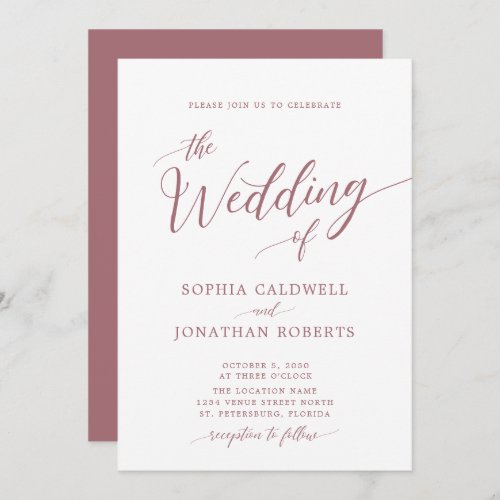 All in One Calligraphy Trendy Dusty Rose Wedding Invitation