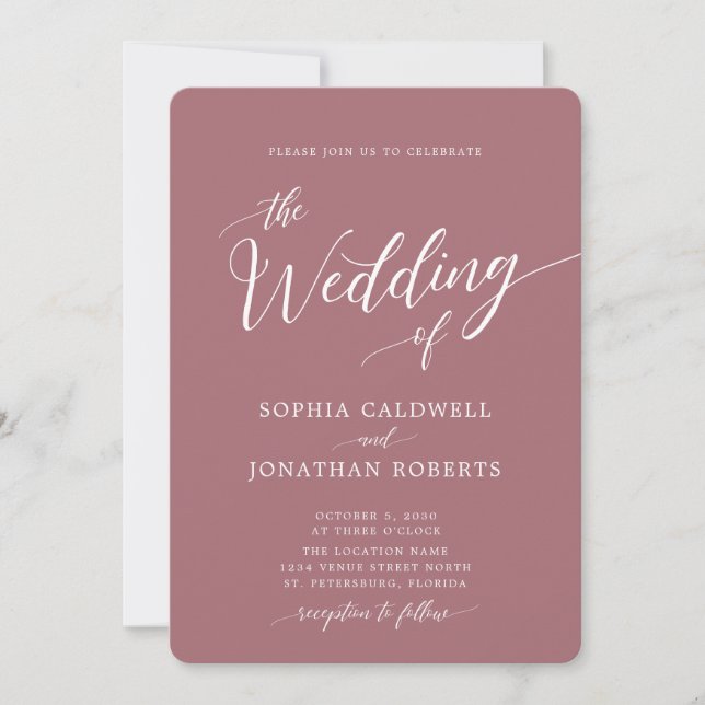 All in One Calligraphy Trendy Dusty Rose Wedding Invitation (Front)
