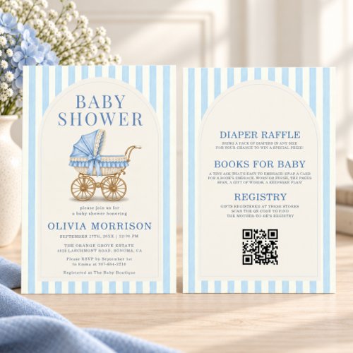 Baby Carriage Blue Elegant baby shower invitation
