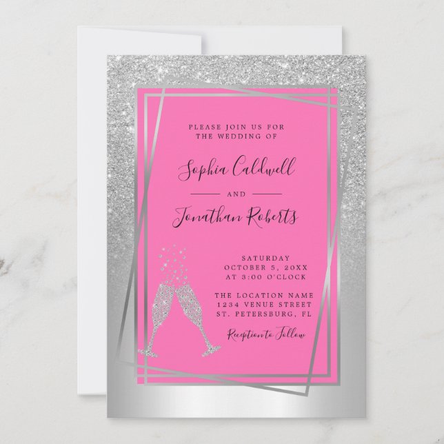 All in One Champagne Pink Silver Glitter Wedding Invitation (Front)