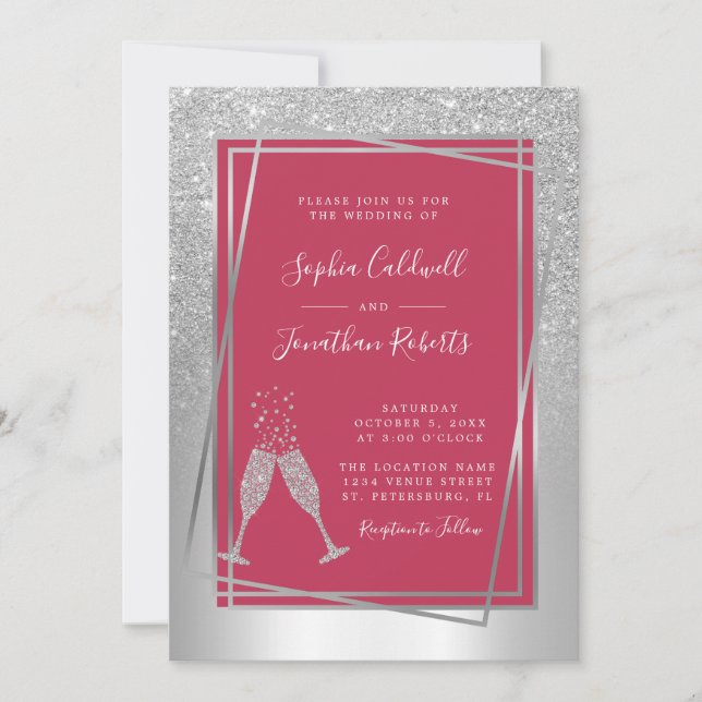 All in One Champagne Trendy Magenta Silver Wedding Invitation (Front)