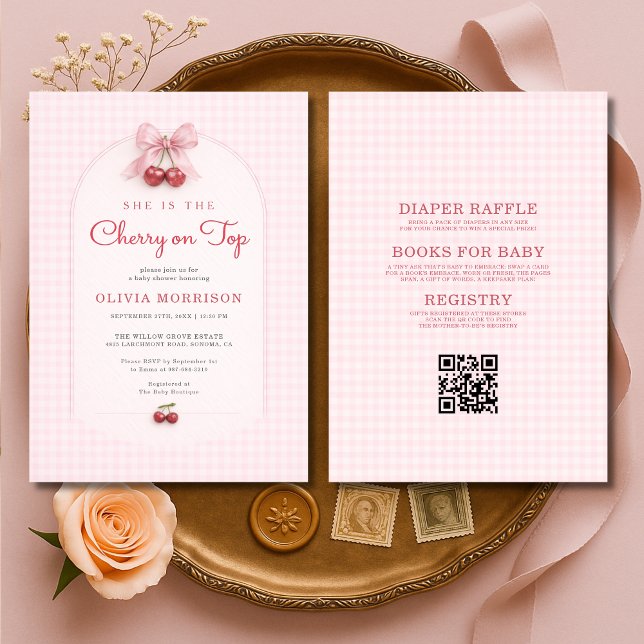 All in One Cherry on Top Bow Baby Shower Invitation (Creator Uploaded)