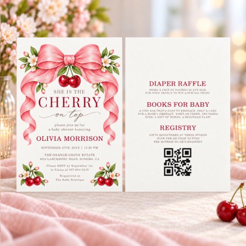 Cherry on Top Pink Bow baby shower invitation