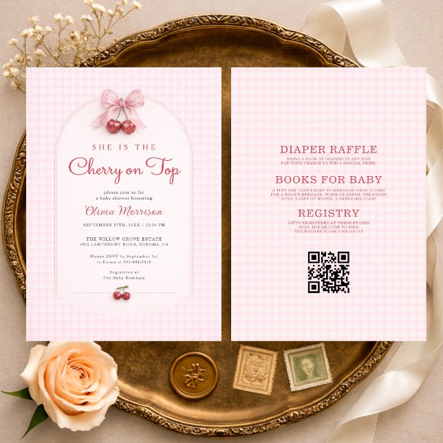 All in One Cherry on Top Red Bow Baby Shower Invitation (Creator Uploaded)