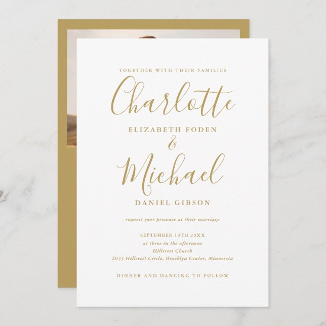 All In One Chic Gold Script Photo Wedding Invitation (Front/Back)