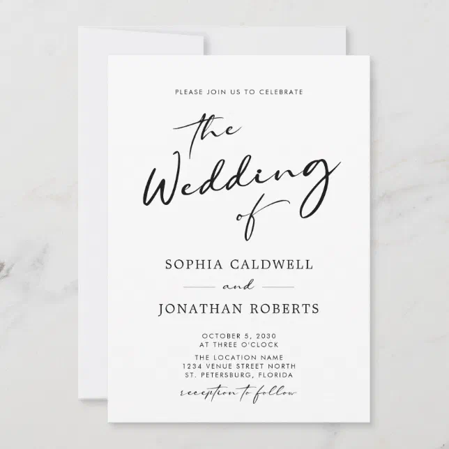 All in One Chic Modern Black Calligraphy Wedding Invitation | Zazzle