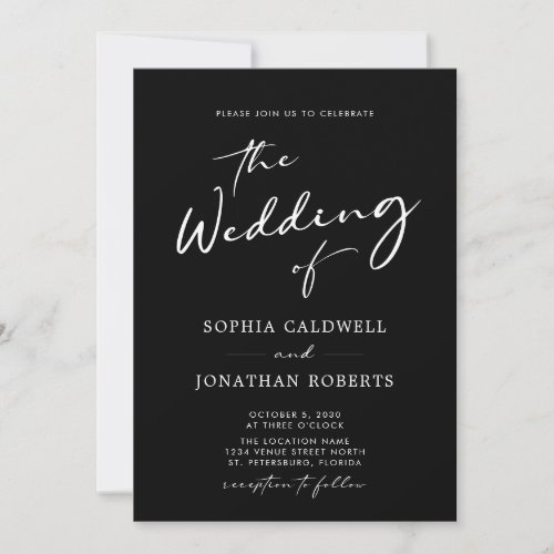 All in One Chic Modern Calligraphy Black Wedding Invitation