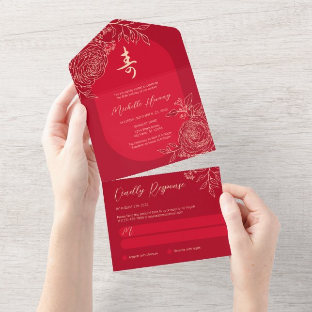 All in One Chinese Longevity Birthday Invitation (Tearaway)