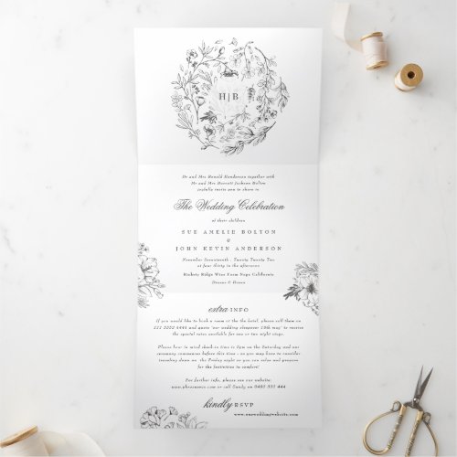 All In One  Classic Botanical Florals Wedding Tri_Fold Invitation