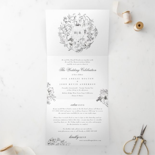 All In One | Classic Botanical Florals Wedding Tri-Fold Invitation (Inside)