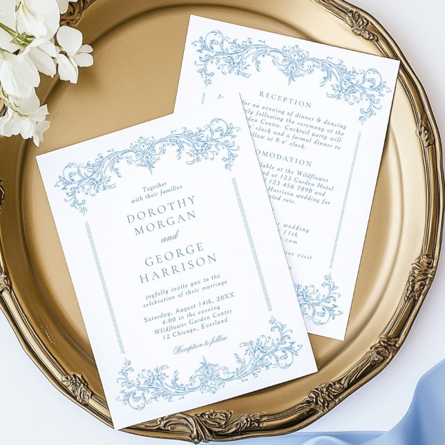 All in One Classic French Victorian Blue Wedding Invitation (Creator Uploaded)