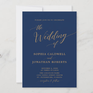 All in One Classic Gold Calligraphy Navy Wedding Invitation