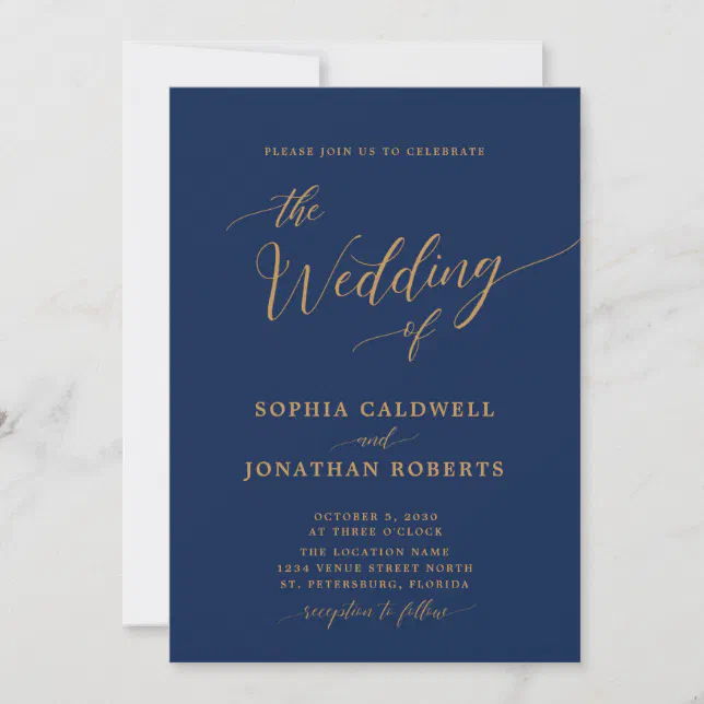 All in One Classic Gold Calligraphy Navy Wedding Invitation | Zazzle