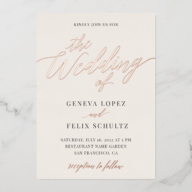 All in One Classic Rose Gold Foil Hand Lettered Invitation (Front)