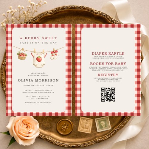 All in One Clothesline Strawberry Baby Shower Invitation