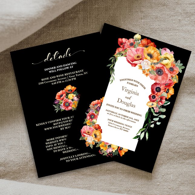 All In One Colorful Poppies Black Wedding Invitation (Creator Uploaded)