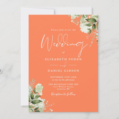 All In One Coral Greenery Floral Wedding Invitation