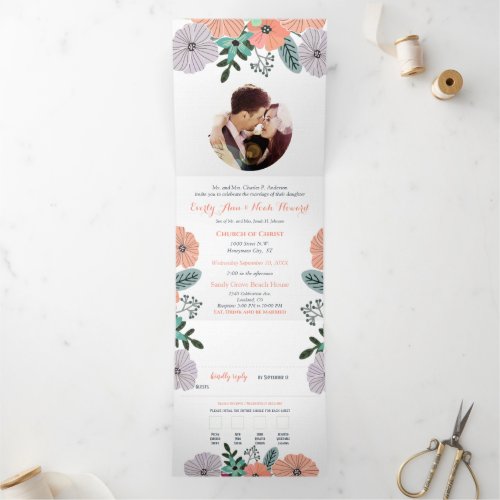 All In One Coral Lavender and Green Floral Wedding Tri_Fold Invitation