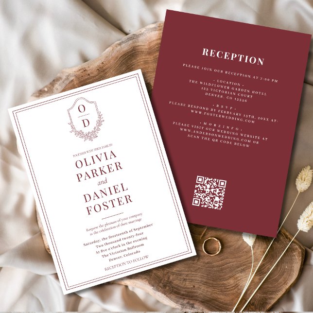 All in One Crest Burgundy QR Code Wedding Invitation (Creator Uploaded)