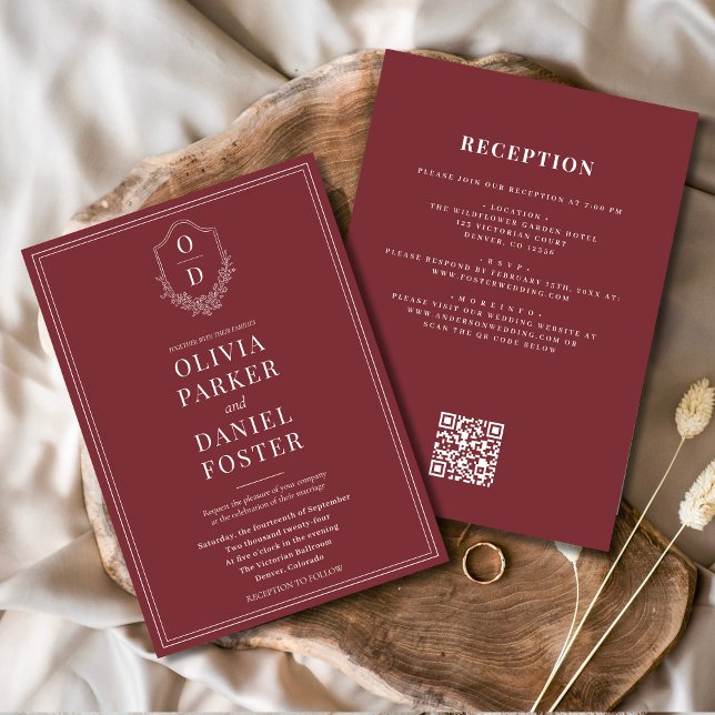 All in One Crest Burgundy QR Code Wedding Invitation (Creator Uploaded)