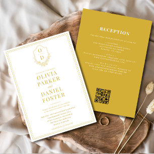 All in One Crest Champagne Gold QR Code Wedding Invitation