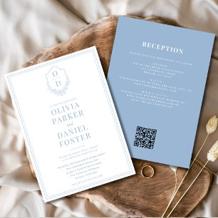 All in One Crest Dusty Blue QR Code Wedding Invitation
