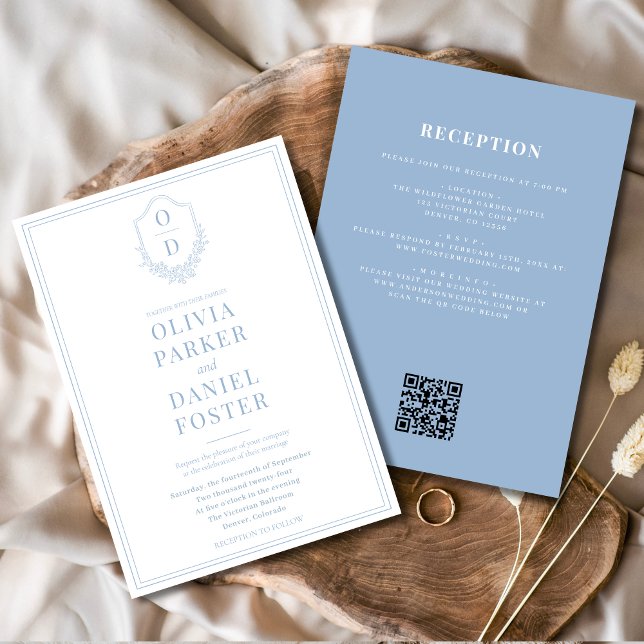 All in One Crest Dusty Blue QR Code Wedding Invitation (Creator Uploaded)