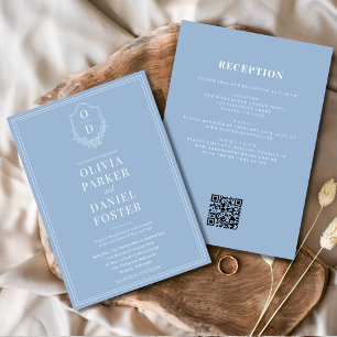 All in One Crest Dusty Blue QR Code Wedding Invitation
