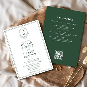 All in One Crest Emerald Green QR Code Wedding Invitation