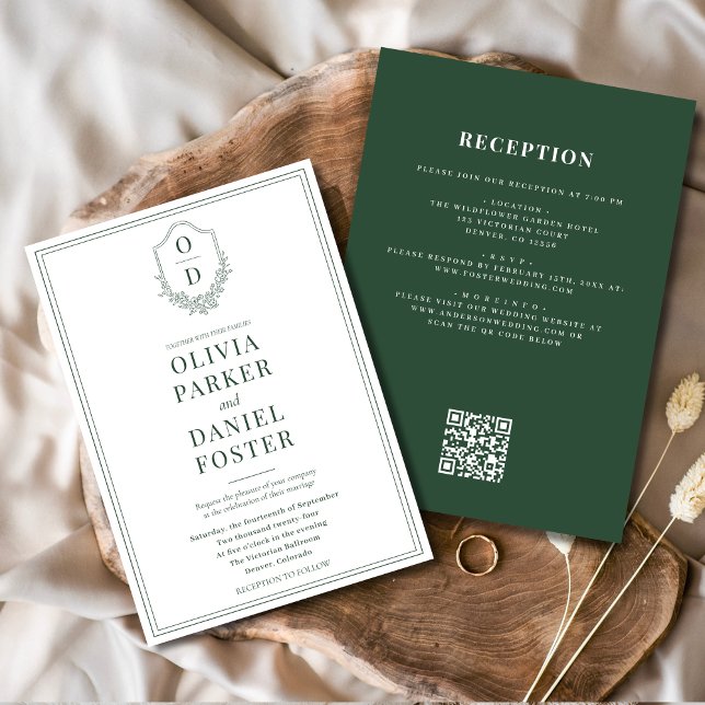 All in One Crest Emerald Green QR Code Wedding Invitation (Creator Uploaded)