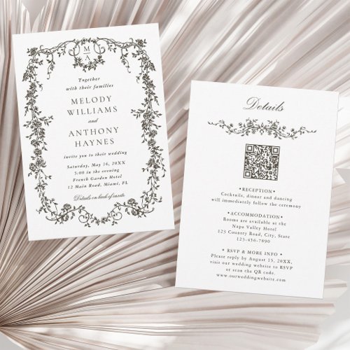All in One Dark Grey Brown French Floral Wedding  Invitation