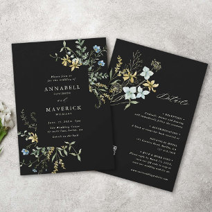 All In One Delicate Wildflower Black Boho Wedding Invitation