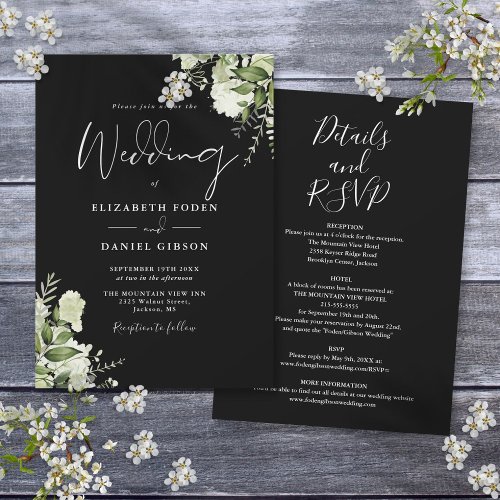 All In One Dusty Black And White Greenery Wedding Invitation