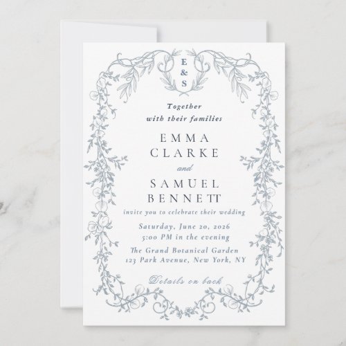 All in One Dusty Blue Botanical wedding Invitation