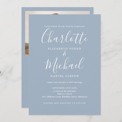 All In One Dusty Blue Chic Script Photo Wedding Invitation