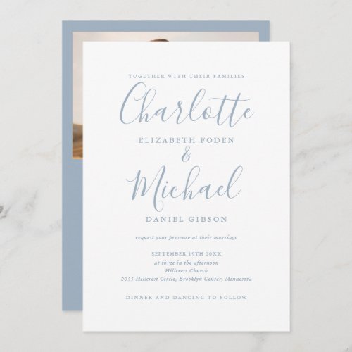 All In One Dusty Blue Chic Script Photo Wedding Invitation