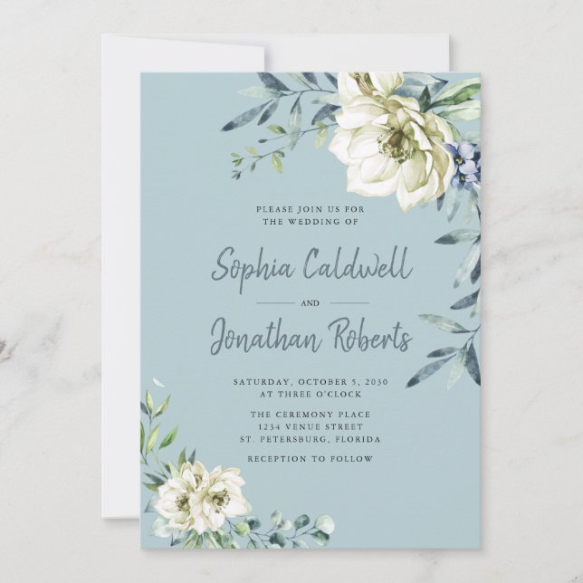All in One Dusty Blue Eucalyptus Floral Wedding Invitation (Front)
