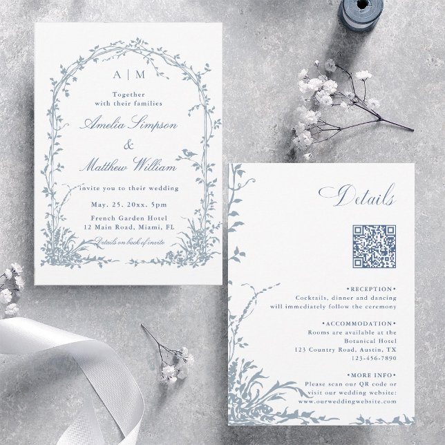 All in One Dusty Blue Floral Garden Wedding Arch  Invitation (Front & Back)