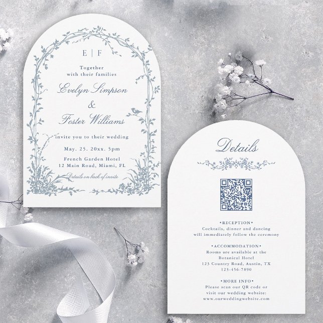 All in One Dusty Blue Floral Garden Wedding Arch Invitation (Front & Back)