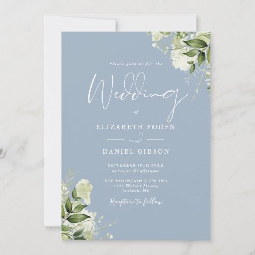All In One Dusty Blue Greenery Floral Wedding Invitation
